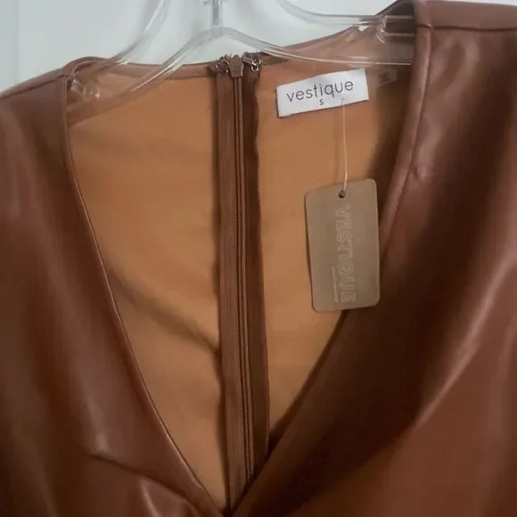 NWT Vestique Tan Faux Leather Wrap Dress | small - Picture 3 of 7